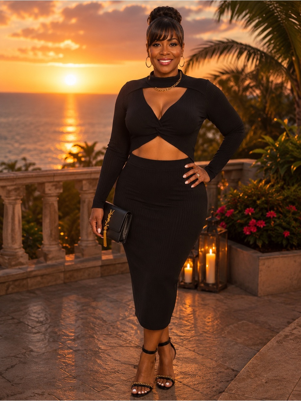 Black Ribbed Cutout Sweater Midi Dress- Women's Elegant Rib Knit